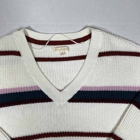 L A HEARTS V Neck Striped Sweater White Burgundy Cropped Oversized Size S - Picture 5 of 12